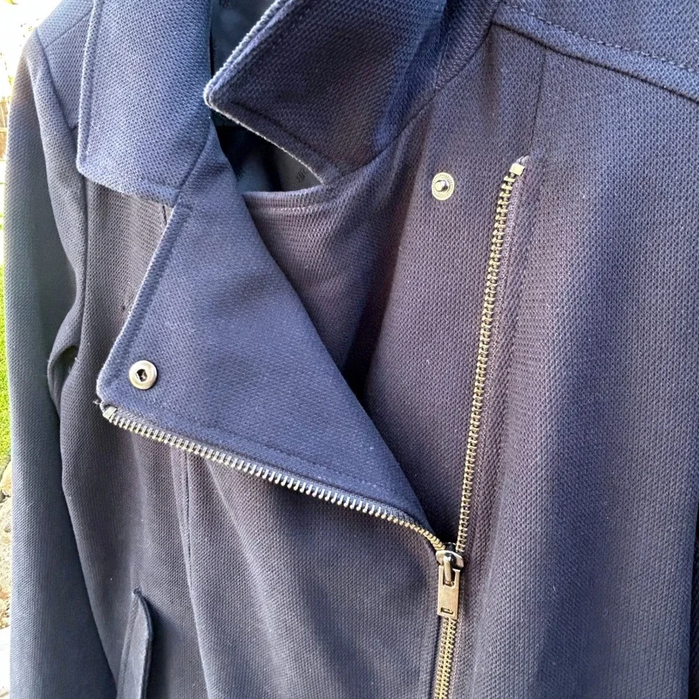 Banana Republic Jacket Womens L Navy Blue Moto Belted Zip Biker Coat